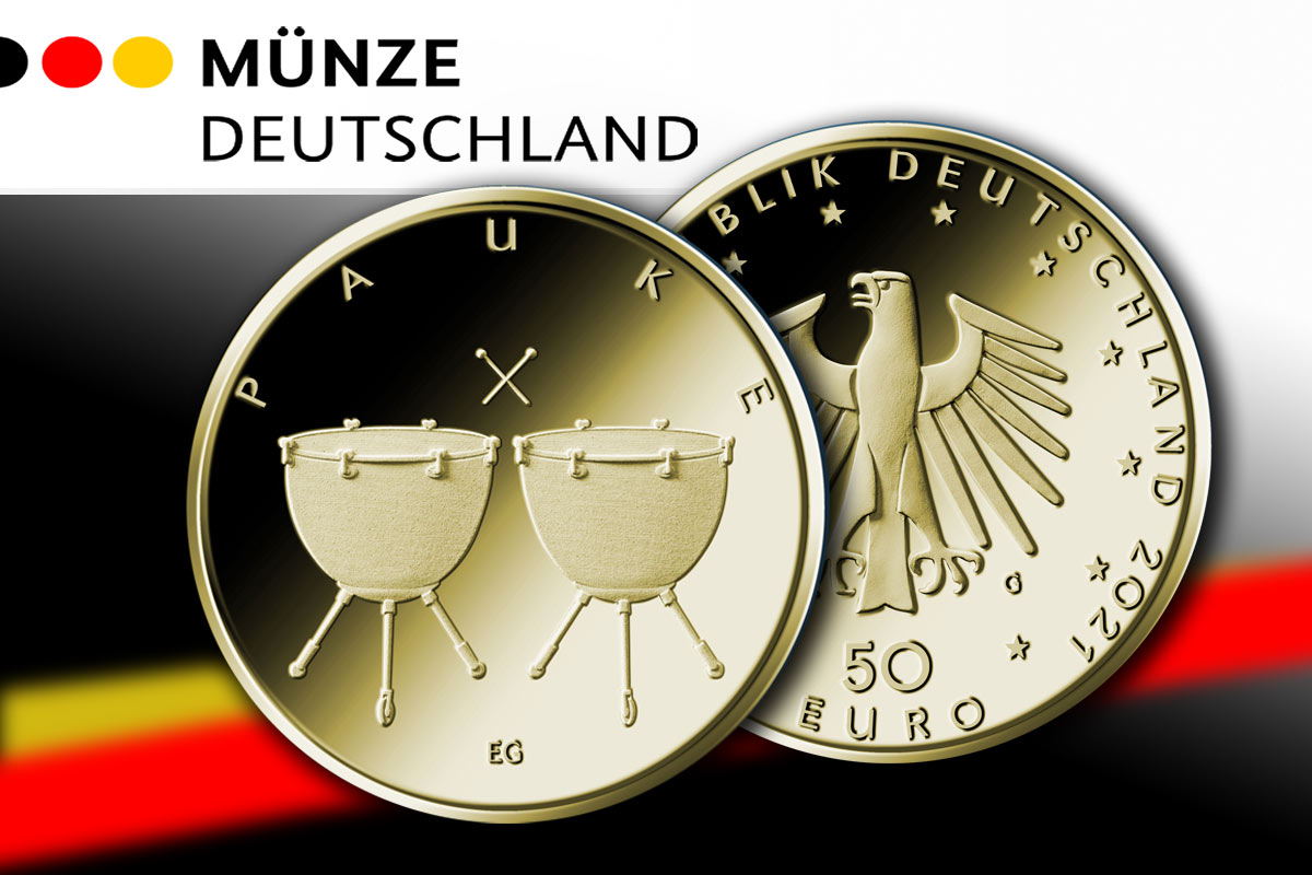 Musikinstrumente 50 Euro-Goldmünze - Pauke 2021- hier vergleichen!